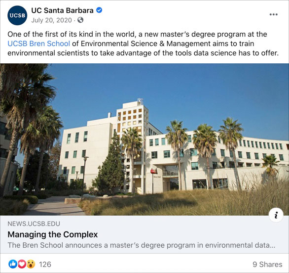 Screenshot of a UC Santa Barbara Facebook post about a new Bren School program.