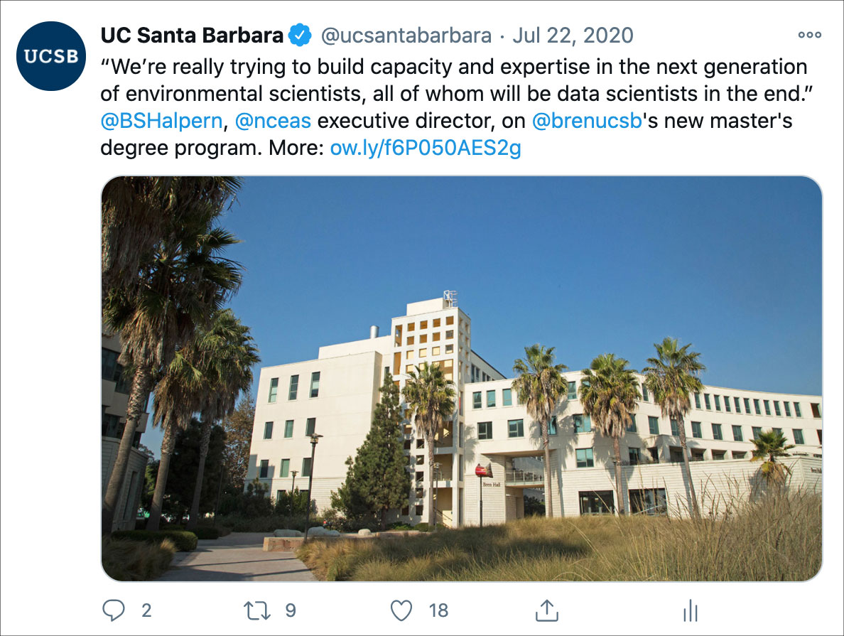 Screenshot of a UC Santa Barbara tweet about a new Bren School program.